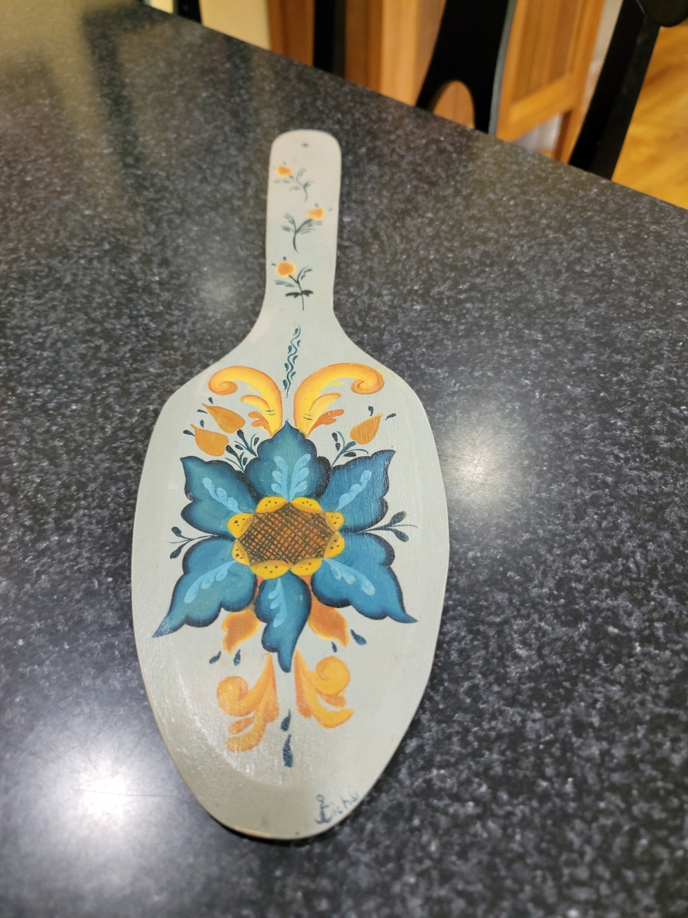 Vintage Hand Painted Wooden Folk Art Wall Plaque Spoon Flower